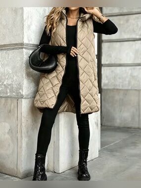 New Khaki Quilted Midi Vest with Hood XL
